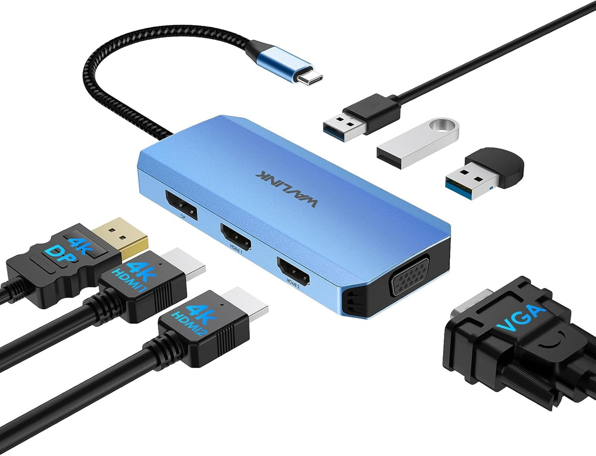 WAVLINK USB C Docking Station for MacBook Dell XPS 13/15, Lenovo Yoga, HP Laptops, USB C to Dual HDMI Monitors for Windows, USB Hub Adapter with Dual HDMI, Displayport, VGA, 3 USB 2.0 Ports, Blue