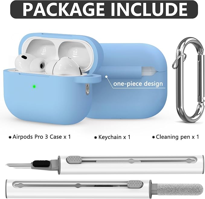 Ljusmicker for AirPods Pro 3 Case 2025 with Cleaner Kit,Sky Blue | Soft Silicone Protective Cover for Apple AirPod Pro 3rd Generation Case with Keychain for Women Men,Shockproof