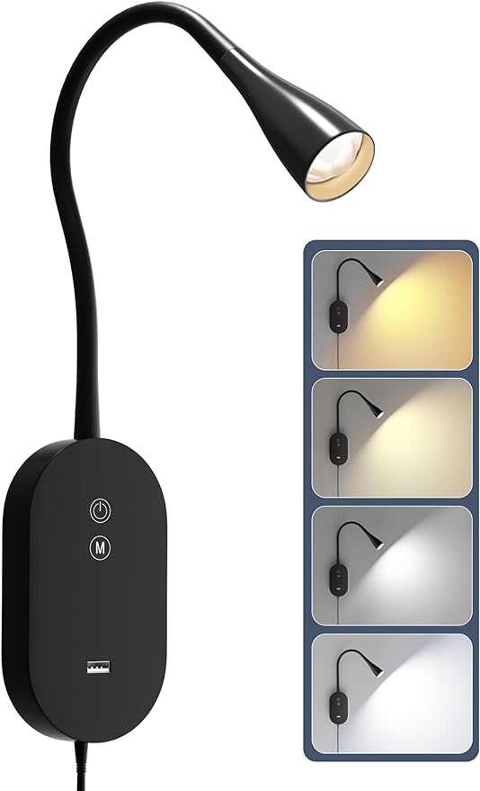 Wall Reading Light for Bed – 4 Color Modes, 5‑Level Dimmable Reading Lamp, CRI 95+ Natural Sunlight, USB Output Charge & Auto Memory Black