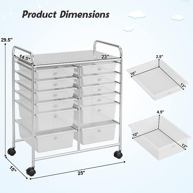COSTWAY 12-Drawer Rolling Storage Cart, Moveable Art Craft Organizer | Lockable Wheels, Metal Shelf, Files Arrangement Tools Makeup Storage Cart for Office, Home, School (Clear)