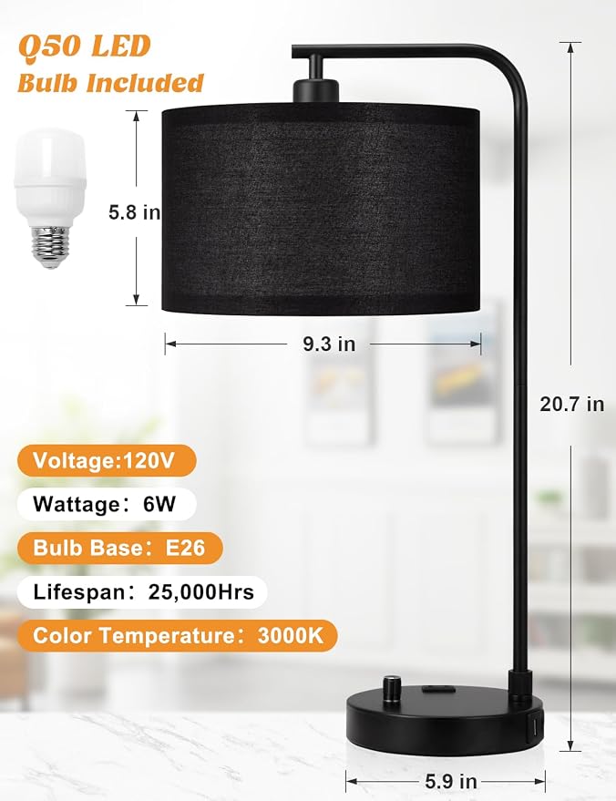 Innqoo Black Table Lamp for Bedroom with USB Port and Outlet, Dimmable Nightstand Bedside Lamps with Linen Lampshade, Desk Lamp for Home Office, Living Room, Guest Room, LED Bulb Included