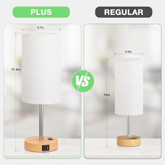 Dicoool 17.4" Bedside Lamp for Bedroom - Dimmable Touch, USB A+C, AC Outlet | LED Bulb Included, 3-Way Dimmable, 17.4" Table Lamp for Guest Room, Living Room, Fabric Lampshade, Wood-Grain Metal Base