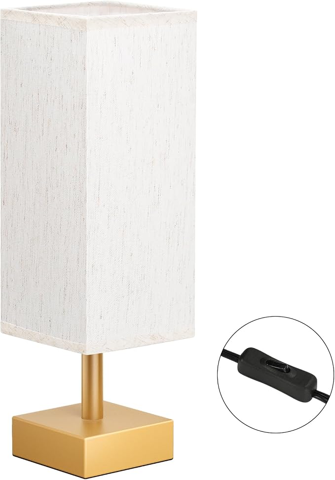aooshine Gold Small Table Lamp - Bedside Lamp for Bedroom, Minimalist Nightstand Lamp with Square Fabric Shade, Desk Lamp for Kids Room Dorm | Inline Rocker Switch, Corded Electric, Bulb Not Included, 12.8" Mini Table Lamp for Nightstand, Desk, Dorm, O...