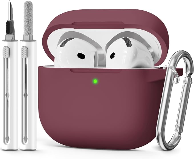 for AirPods 4 Case 2024 with Cleaner Kit & Keychain-Wine Red | Silicone Protective Cover for Apple AirPods 4th Generation Case,for Women Men,One-Piece Design,Shockproof,Dust Proof