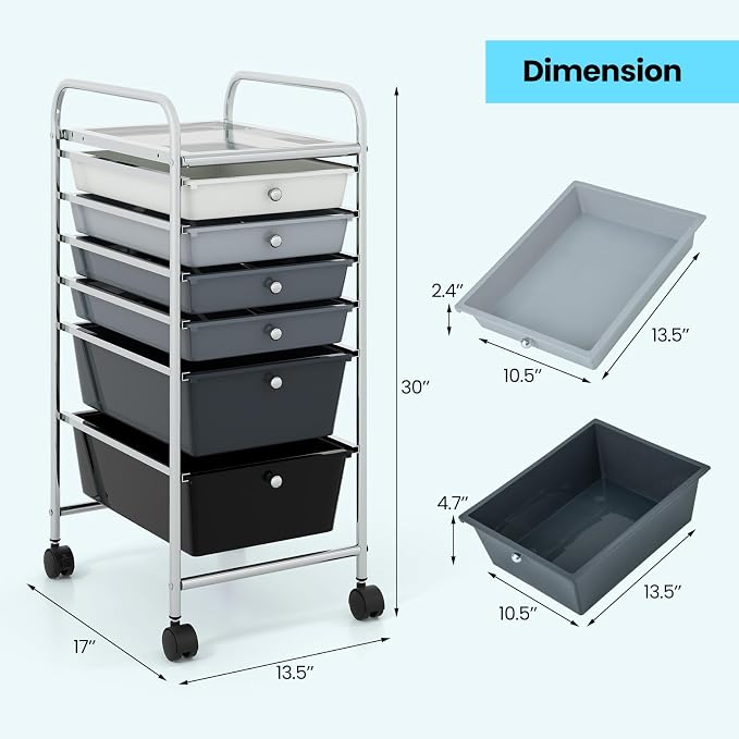 COSTWAY 6-Drawer Rolling Storage Cart, Art Craft Tools Organizer on Wheels | Multifunctional Heavy Duty Utility Mobile Storage Trolley w/ 2 Lockable Wheels for Home Office School (Mixed Black)