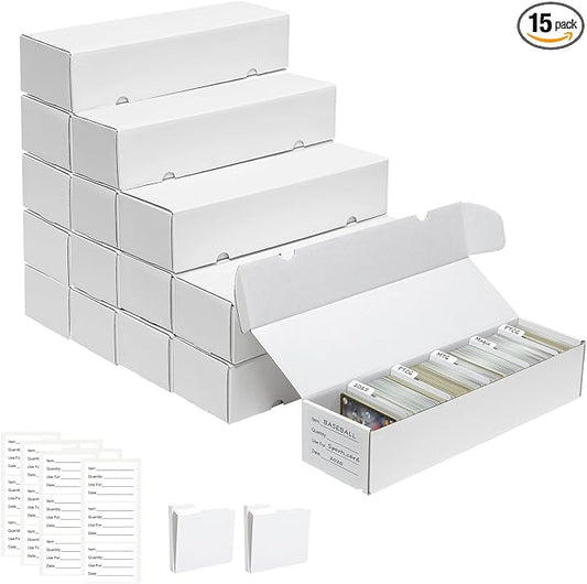QINGUANG Trading Card Storage Box | 15 Pack • 1100 Count Bulk Card Storage Box | with Dividers | White Corrugated Cardboard Sport Card Organizer for Basketball Card/MTG/TCG/Magic Collection