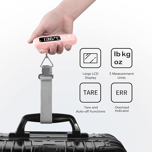 pack all Digital Luggage Scale for Travel, 110Lbs Capacity, 0.1Lb Precision | Handheld, Backlit LCD Display, Lb/Kg/Oz Conversion, Tare Function, Battery Included, Pink