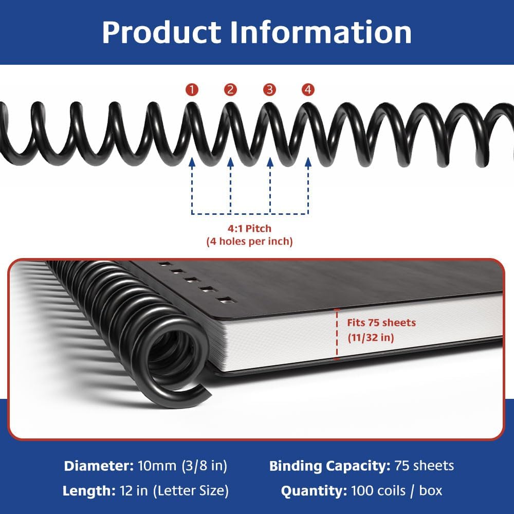 TruBind 10mm (3/8 in.) Spiral Binding Coils for Reports, Presentations and Proposals | 4:1 Pitch | 12 in. Length | Black | 75 Sheets Binding Capacity | 100 Pack