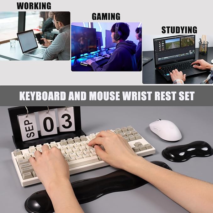 Ergonomic Silicone Gel Keyboard and Mouse Wrist Rest Set – Clear Wrist Rest for Keyboard 60%/68%/75%, Comfort & Support for Typing and Gaming(Black)