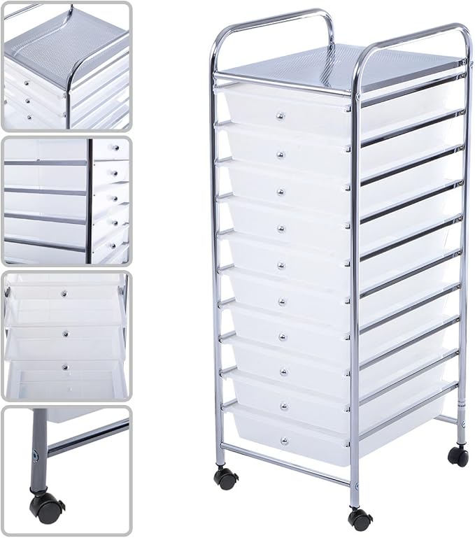 Giantex 10 Drawer Storage Cart Rolling Cart File Scrapbook Paper Mobile Organizer for School Office (Clear)