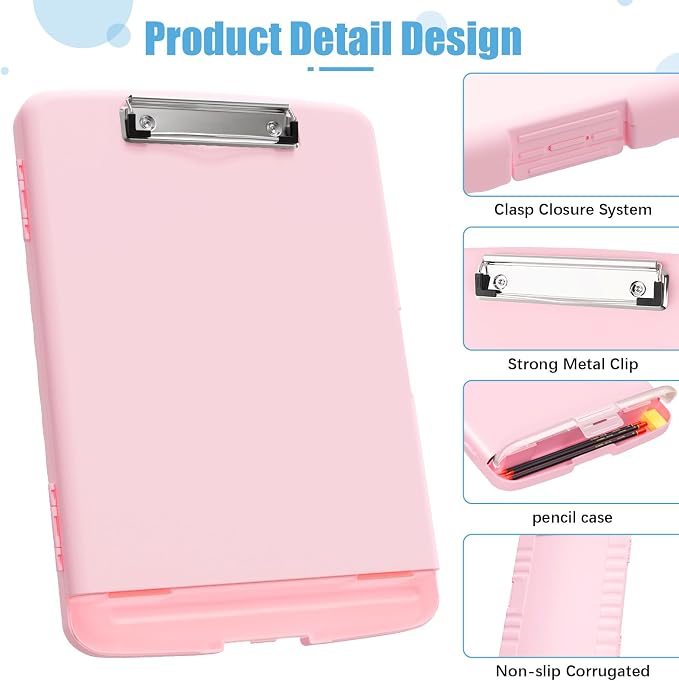 Hongri Clipboard with Storage with Pencil Case, 8.5 x 11 Storage Clip Board | High Capacity Organization Box for A4 Letter Legal Paper, Heavy Duty Folio & Side-Opening for Nurses, Teachers, Pink
