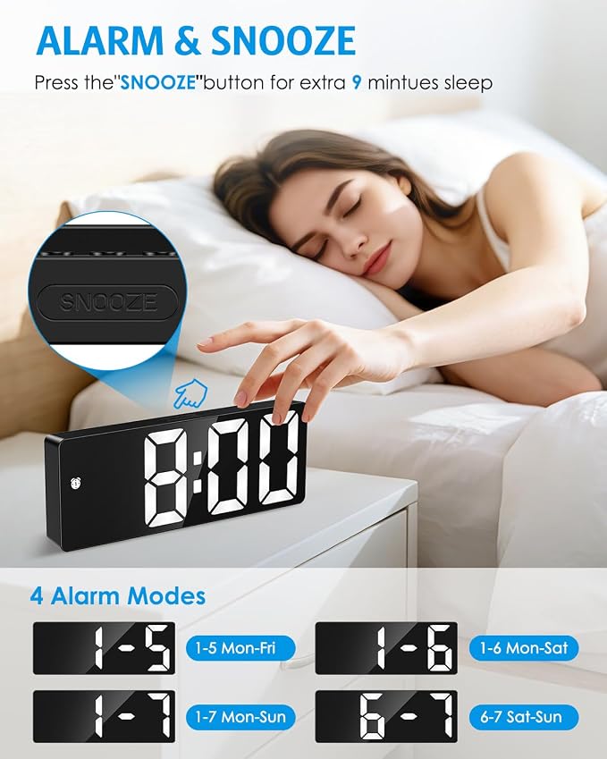 AMIR Digital Alarm Clock Large Display, Upgraded LED Alarm for Bedroom, Type-C/Battery Powered Bedside Alarm Clock with Snooze, 12/24H, 5 Levels Adjustable Brightness, DST, Desk Clock for Home, Office