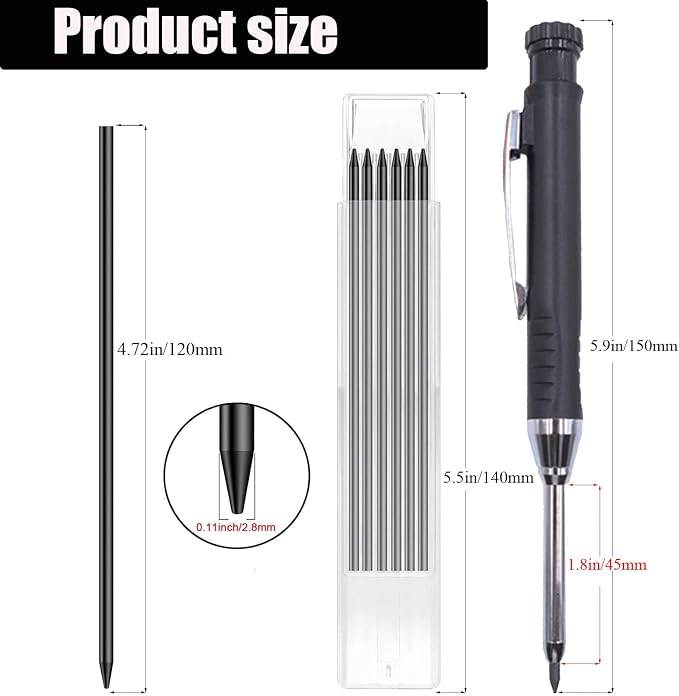 TuTuYa 36Pcs 2.8mm Pencil Refill Black, with 1 Carpenter Pencil w/Sharpener | Waterproof Lead Refills Replacement, Long Reach/Deep Hole/Long Nose for Architect &Carpenter Woodwork Construction Building