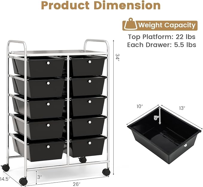 10 Drawer Rolling Cart, Storage Cart Organizer on Wheels, Drawer Cart with Metal Frame & Large Storage Capacity, Rolling Cart with Drawers for Living Room Classroom, Office