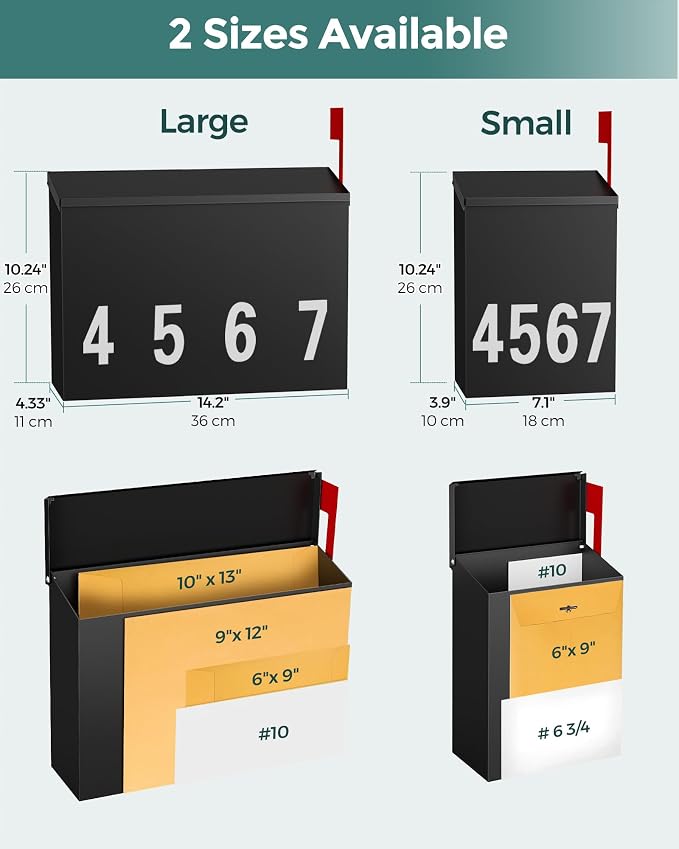 LAND·VOI Wall-Mount Mailbox with One Flag Kit and Three Sets of 0-9 Mailbox Number Stickers, Mailboxes for Outside, Galvanized Steel Rust-Proof Metal Post Box, 3.9" D x 7.1" W x 10.24" H Black AMB05B