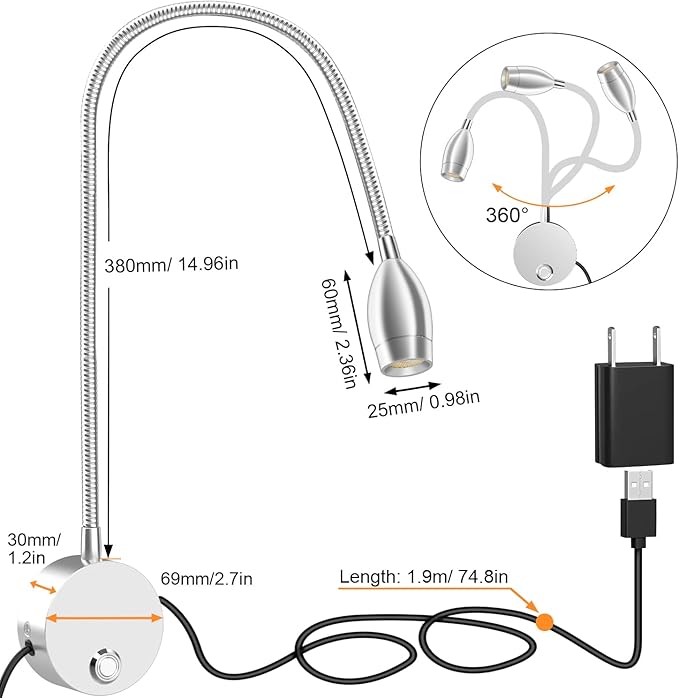 Wall Mounted LED Reading Light with 360° Flexible Gooseneck, Dimmable Bedside Reading Lights for Books In Bed, Plug In Headboard Night Lights, Eye-Caring, 3 Colors Temperature, Touch Control-2 Pack