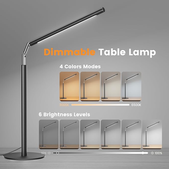 Metal LED Desk Lamp, 16" Dimmable Desk Light with Base, 15W 1200LM, Adapter Included, Color & Brightness Adjustable, Modern Tall Table Lamp for Home Office Reading Study Task Laptop, Black