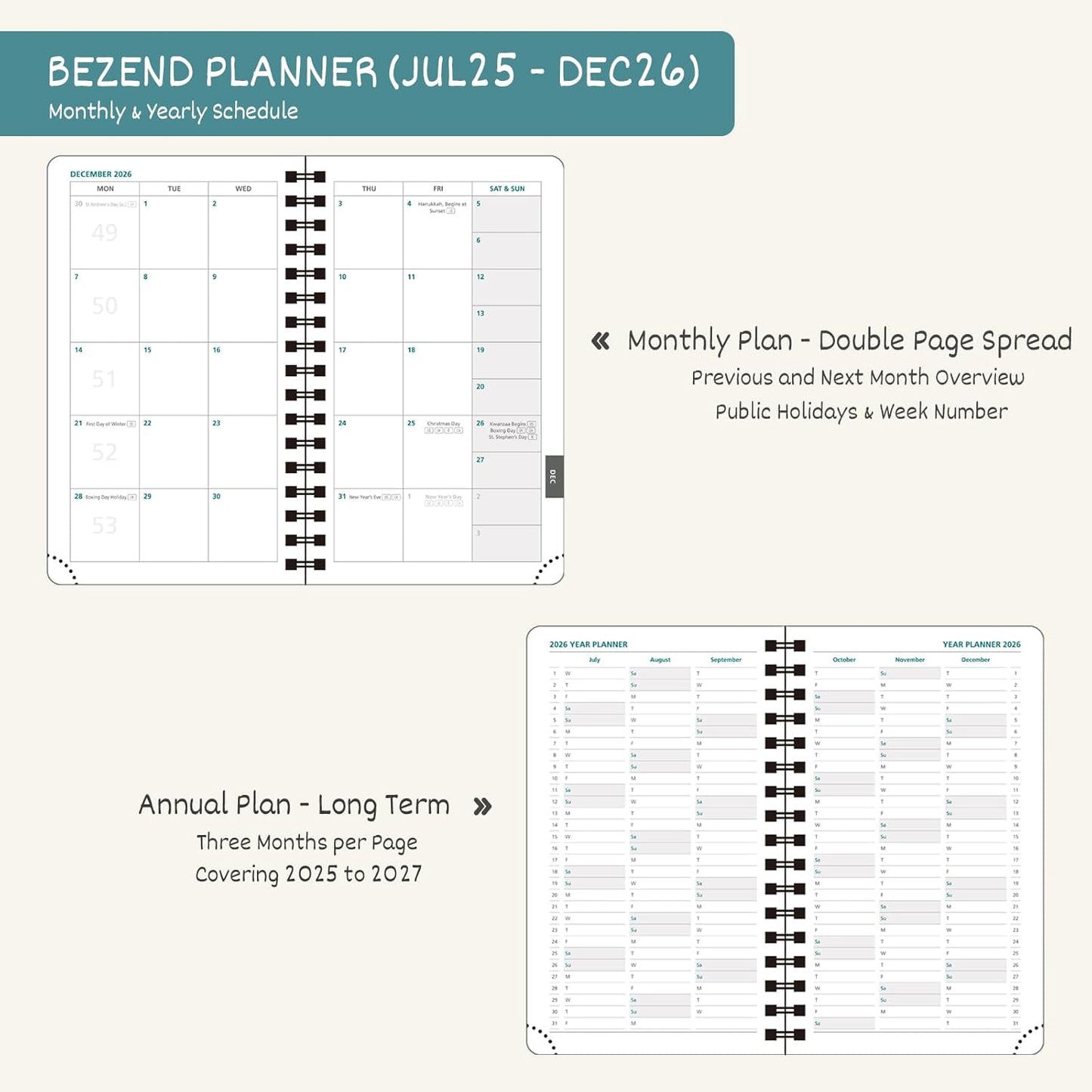 BEZEND Pocket Planner 2025-2026 Weekly and Monthly, 3.5" x 6" Academic Planner (Jul 25-Dec 26) 18-Month Mid-Year Calendar Book, Storage Pocket, Pen Holder, PU Leather Softcover, Spiral - Cornflower
