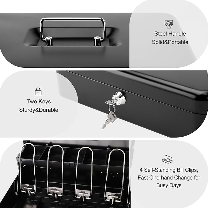 Jssmst Cash Box with Key Lock - 0.9mm Thick Metal Money Box for Garage Sales, Yard Sales and Petty Cash, Portable Cash Drawer with Coin Tray & Spill-Proof Foam Coin Cover, 4 No-Pinch Bill Clips,11.8''