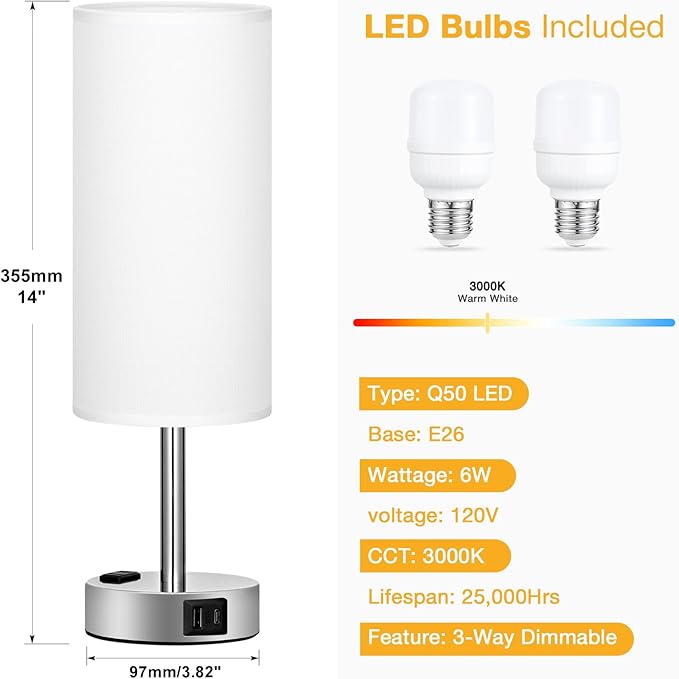 Touch Bedside Table Lamps Set of 2 - Bedroom Lamp with USB A+C, AC Outlet | 3-Way Dimmable, LED Bulb Included, White Fabric Lampshade, Sleek Silver Metal Base & Pole, 14" Small Nightstand Lamp for Desk