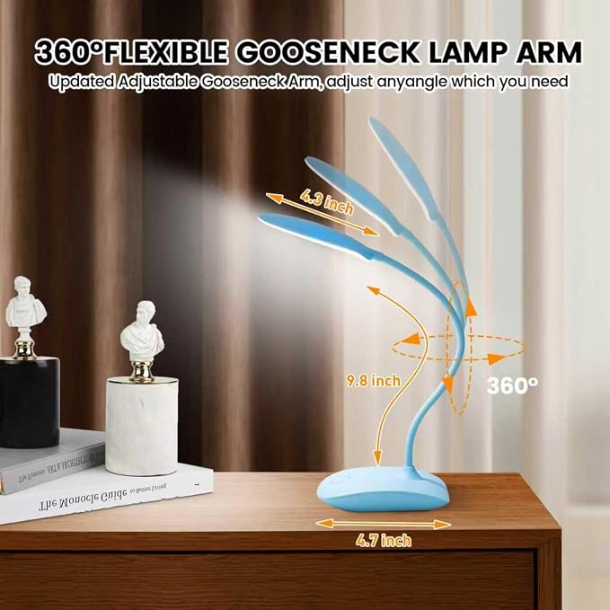 Portable Battery Powered Desk Lamp Small Rechargeable LED Table Light | 400 Lumen Eye Care,3 Color Temperatures,Stepless Touch Dimming,360° Adjustable for Nail Study Dorm Office Bedroom,Blue 1 Pcs