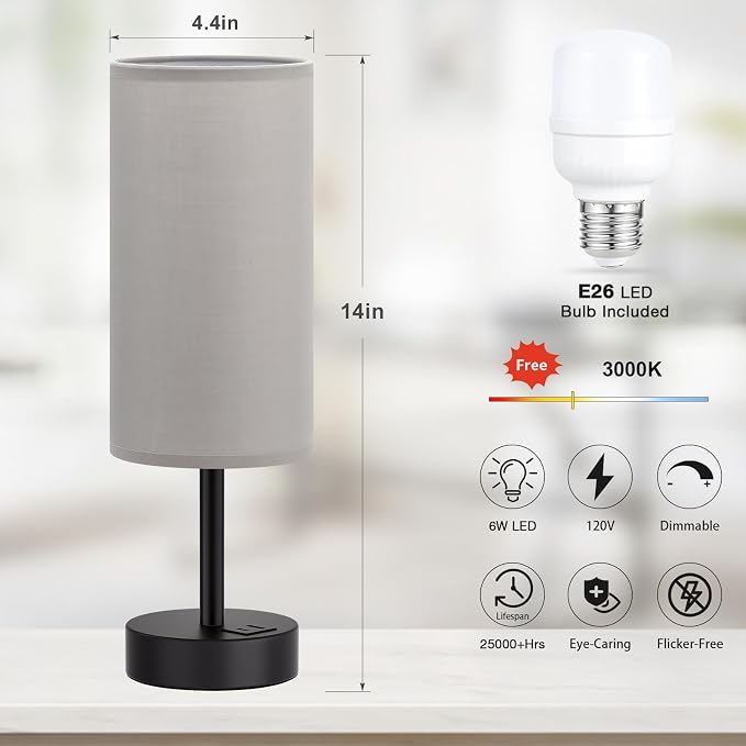 Dicoool Bedside Table Lamp for Bedroom - 3-Way Dimmable Touch Lamp, USB A+C | LED Bulb Included, 14" Small Nightstand Lamp for Desk, Living Room, Guest Room, Grey Fabric Lampshade, Black Metal Base