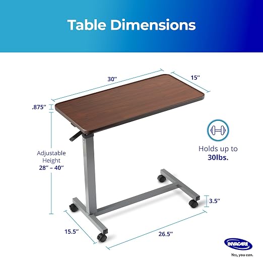 Invacare Bed Table, Height Adjustable & Tilting Overbed Table, Hospital Bedside Table, Medical Rolling Desk with Wheels, Waterproof Medical and Home Use L-Shaped Steel Base Over Bed Tray Table