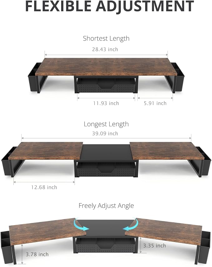 Desk Organizers and Accessories, Dual Monitor Stand Riser with Drawer and 2 Pen Holders, Desk Shelf Computer Racks for Office Workspace Organizers, Desktop Organization (Rustic Brown)