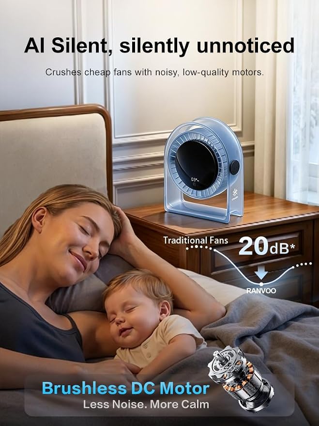 2026 Quiet USB Desk Fan,4 Speeds, 120°Tilt, table Fan for bed & Office | Air Circulator Mini Fan Bedroom,Translucent Black, Portable Smart Display Fan,Low Noise,7 Blades,Cool Room In 3 Mins