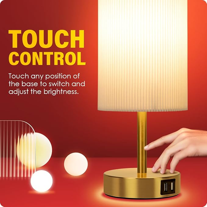 Yarra-Decor Bedside Lamp with USB A+C Charging Ports Set of Two - Touch Control Table for Bedroom Wood 3 Way Dimmable Nightstand Round Pleated Shade Home Office (LED Bulb Included)