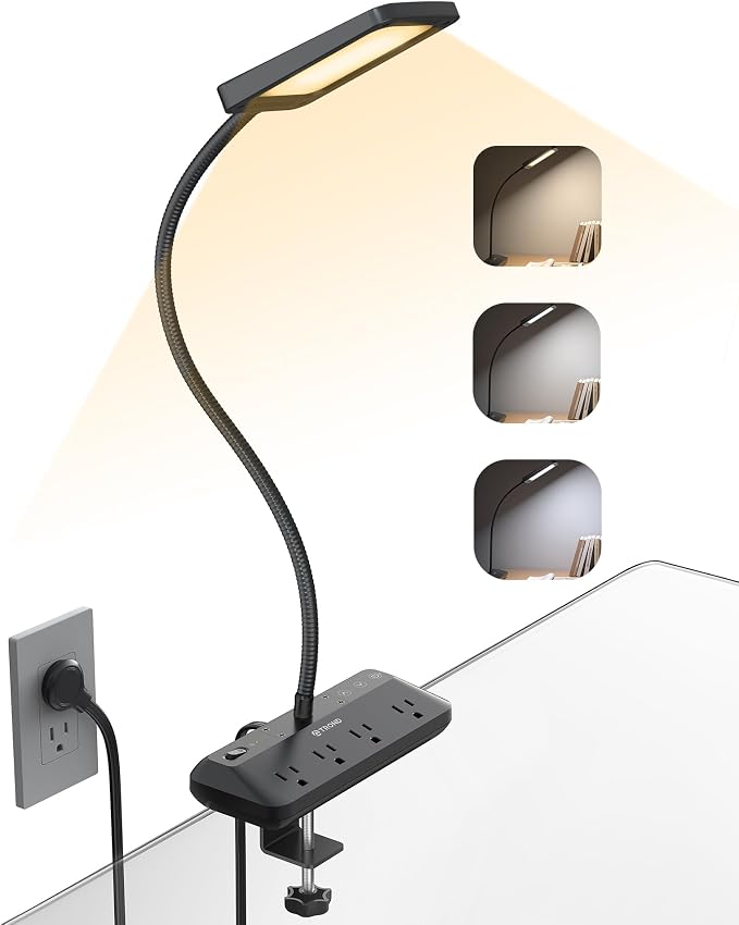 TROND LED Desk Lamp with Clamp Power Strip, 6ft Flat Plug Extension Cord | Eye Caring Desk Light with 4 Surge Protector Outlet, 15 Lighting Mode, Gooseneck for Home Office College Dorm Room Essentials