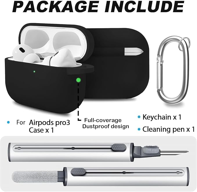 for AirPods Pro 3 Case 2025 with Cleaner Kit, Full-Coverage dustproof Soft Silicone Design for AirPods Pro 3rd Generation Comes with Keychain,Suitable for Women Men,Black