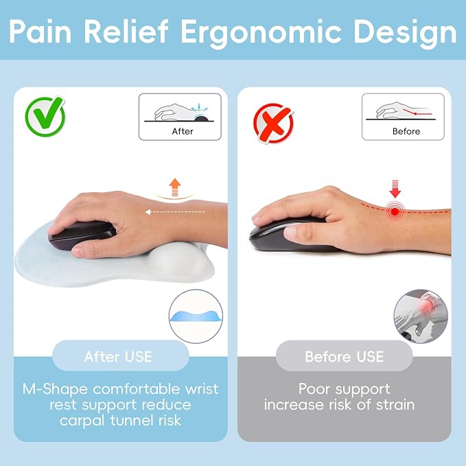 Mouse Pad with Wrist Rest Ergonomic Mouse Pad with Comfortable M-Shape Pain Relief Wrist Support Non-Slip PU Base Mousepad for Laptop, Office & Home (Light Blue)