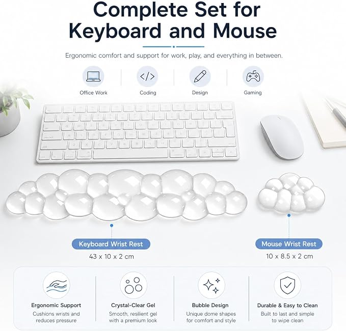 Ergonomic Gel Keyboard Wrist Rest Set, Soft Gel Palm Rest for Keyboard and Mouse, Clear Wrist Support Pad for Typing and Gaming Pain Relief, Non-Slip Base for Computer Laptop (Cloud)