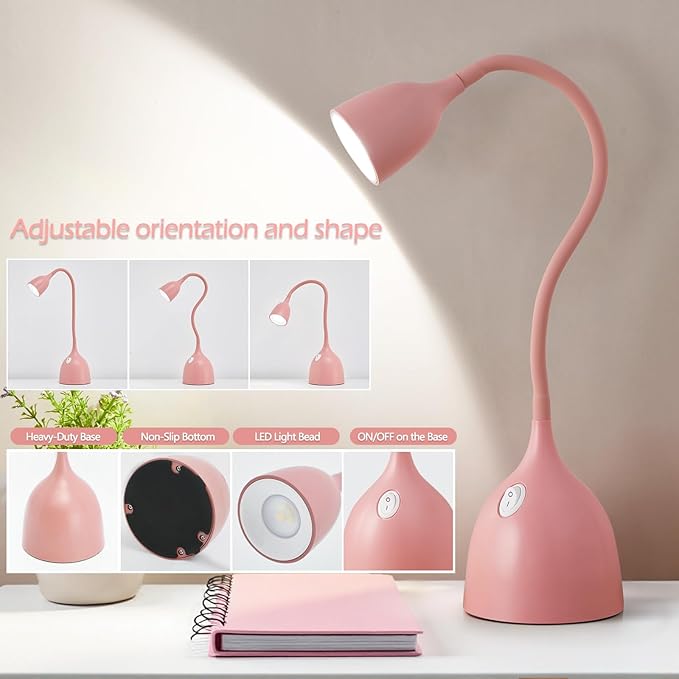 EJIAXIN Gooseneck Desk Lamp 360° LED Flexible Reading Light Small Desk Lamps for Small Spaces Home Office Bedroom College Dorm Desk Bookshelf Nightstand Table Lamp (Pink)