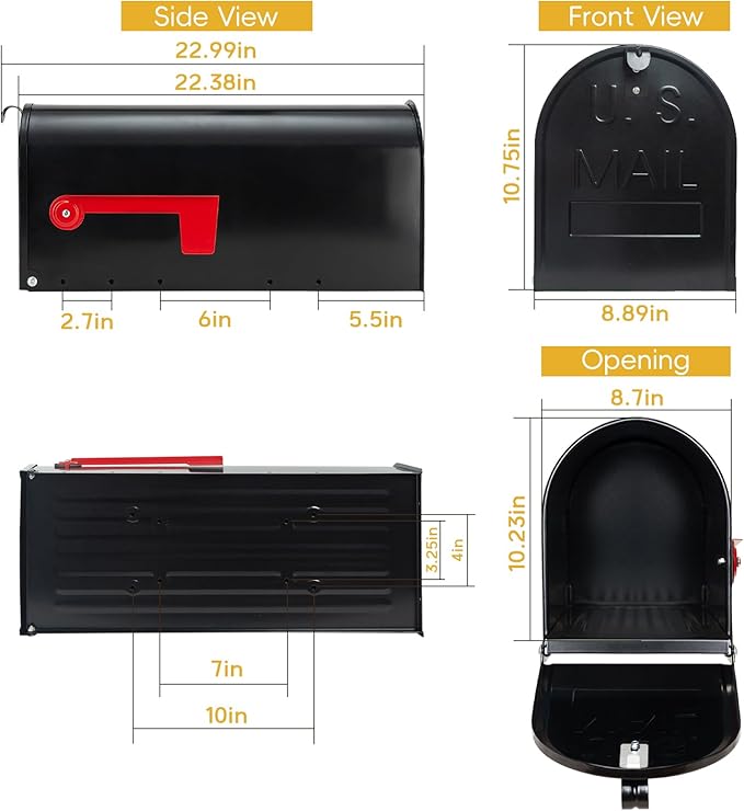 BlissBoard Large Mailboxes for Outside, Black Galvanized Steel Post Mount Mailboxes, Rust-Resistant Large Capacity Metal Mail Boxes for House Outside, 22 x 10.7 x 8.9 inches