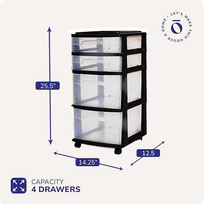 HOMZ Drawer Tower, 4-Tier Storage Cart with Removable Wheels, Black Frame | Plastic Organizer with Clear Bin Drawers for Bedroom, Bathroom, Home Office, and Dorm Rooms