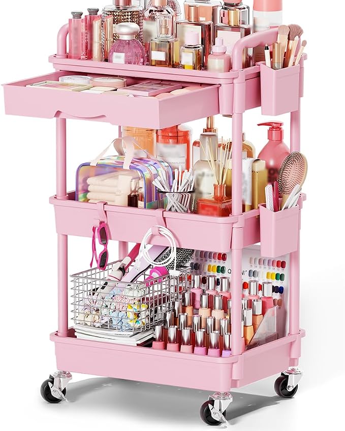 Goovilla Rolling Makeup Organizer Cart with Removable Drawer, 3 Tier Pink | Stable Floor Skincare Storage Cart for Vanity, Cosmetic Display, Nail Polish, Perfume, Hair Stuff, Beauty, Bathroom(Plastic)