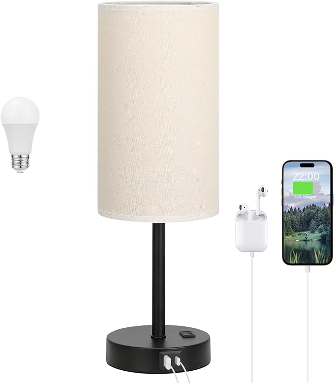 Dicoool 17.4" Bedside Lamp for Bedroom - Dimmable Touch, USB A+C, AC Outlet | LED Bulb Included, 3-Way Dimmable, 17.4" Table Lamp for Living Room, Dorm, Beige Fabric Lampshade, Black Metal Base