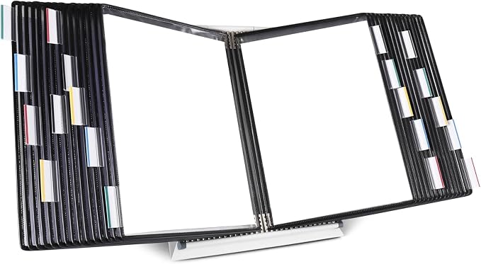 Tarifold Desktop Reference Display System, 30 Pockets, Expandable, Black | 30 double-sided PVC pockets, holds 60 letter-size sheets, sturdy metal base, quick-find indexing, quick and easy to assemble