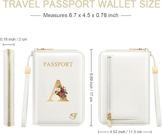 Passport Holder for Travel Personalized Wallet with Wristlet Women | All-in-One Passport Cover, RFID Blocking, Back Coin Pocket, Paper Money Slot, Zipper Closure, Roses Initial Letter, White A