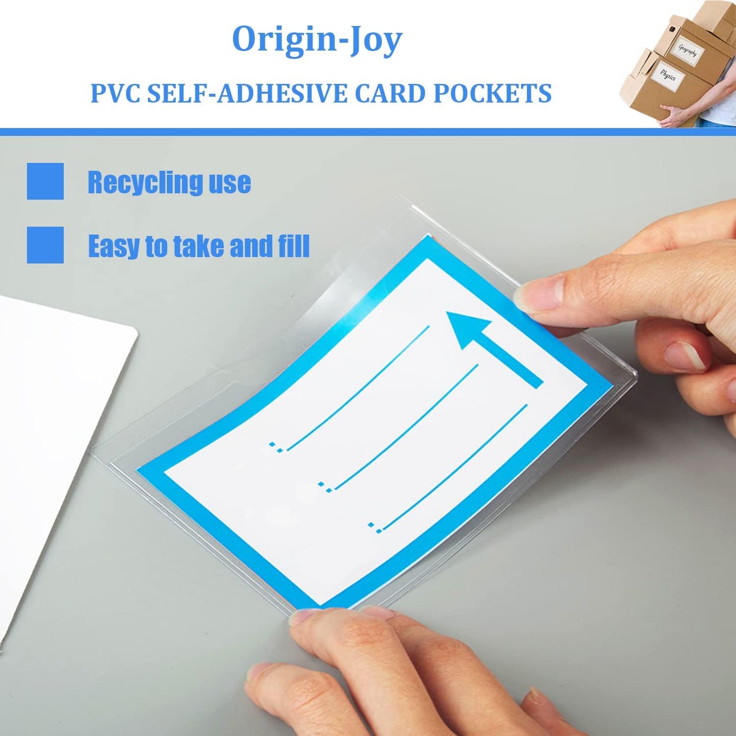 Origin-Joy 25 PCS Self-Adhesive Index Label Pockets, Clear Plastic Peel & Stick Card Holders with Top Open for Loading (4 x 2 inch)