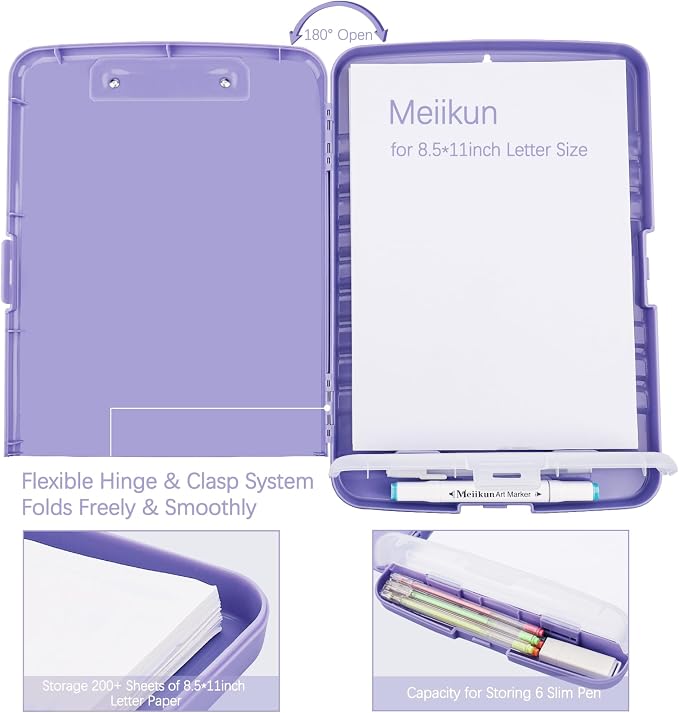 Meiikun Clipboard with Storage, Plastic Clipboards 8.5x11 with Pen Holder, High Capacity Nursing Clipboard Folder, Side Opening Storage Clip Board for Office Work Nurses Teachers (Light Purple)