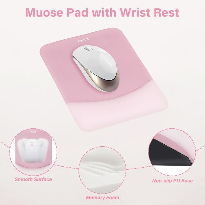 MOSISO Wrist Rest Support Mouse Pad & Keyboard Set, Pink | Rectangular Ergonomic Mousepad, Non-Slip Base, Home/Office Pain Relief & Easy Typing, Neoprene Cloth & Raised Silicone Lining