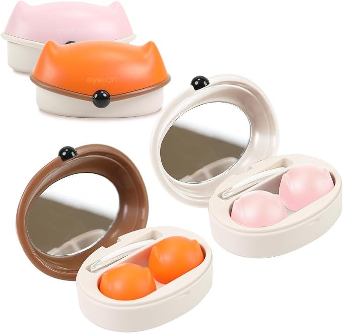 Contact Lens Case, 2 Pack Cute Fox Portable Eye Contacts Travel Box with Mirror Colored Lenses Applicator Remover Tool Kit Solution Bottle for Daily Makeup Office Outdoor (Pink+Orange)