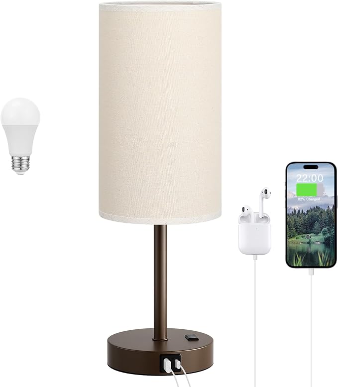 Dicoool 17.4" Bedside Lamp for Bedroom - Dimmable Touch, USB A+C, AC Outlet | LED Bulb Included, 3-Way Dimmable, 17.4" Table Lamp for Living Room, Dorm, Beige Fabric Lampshade, Brown Metal Base