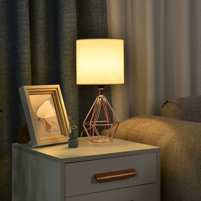 Rose Gold Bedside Table Lamp,Modern Small Desk Lamp with TC Fabric Shade Geometric Metal Base for Kids Living Room Bedroom Nightstand