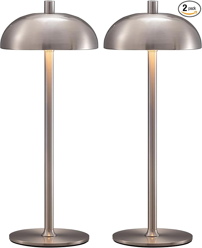 12" Cordless Table Lamps Set of 2, Nickel Modern Portable Desk Lamp | LED, 3 Color Dimming, Rechargeable, Battery Operated Lights for Bedroom, Outdoor, Restaurant, Bedside, Night Light, Gifts