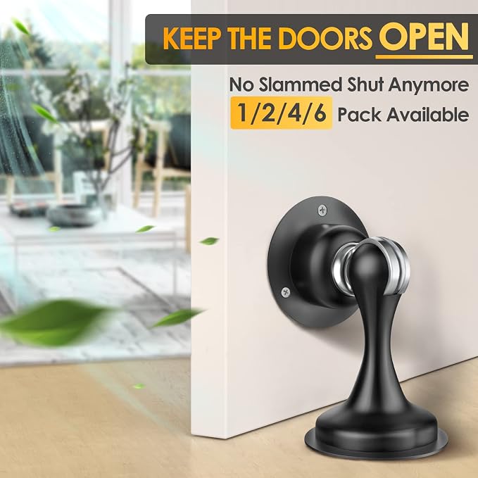 Door Stoppers Magnetic Door Catch - Stainless Steel Heavy Duty Door Holder Stops for Bottom Top of Door - Wall Floor Mounting No Drill 3D Adhesive & Screws Strong Magnet Keep Door Open 4 Pack