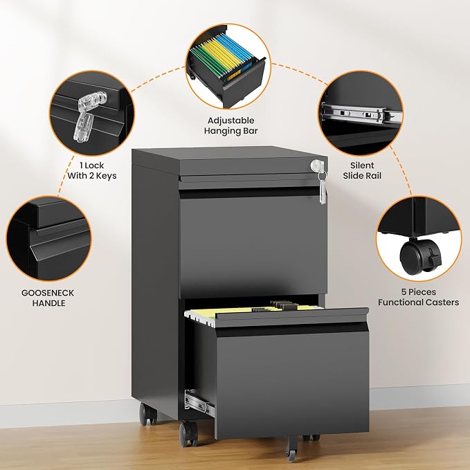2 Drawer File Cabinet, Fully Assembled Mobile File Cabinets with Lock, Metal Rolling Filing Caninet on Wheels, Small Two Drawer Under Desk Cabnet for Letter/Legal / A4 / File Box - Black